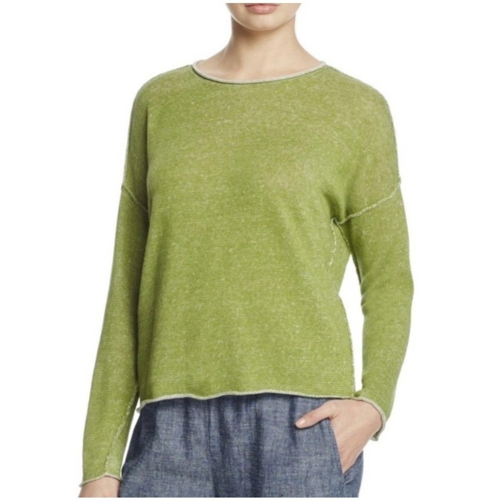 Eileen Fisher Organic Linen Boxy Sweater Green Marl‎ Knit Size Large Lagenlook